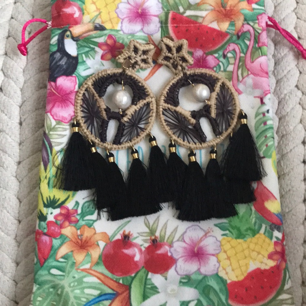 Mercedes Salazar Handcrafted Black and Gold Tassel Clip On Earrings